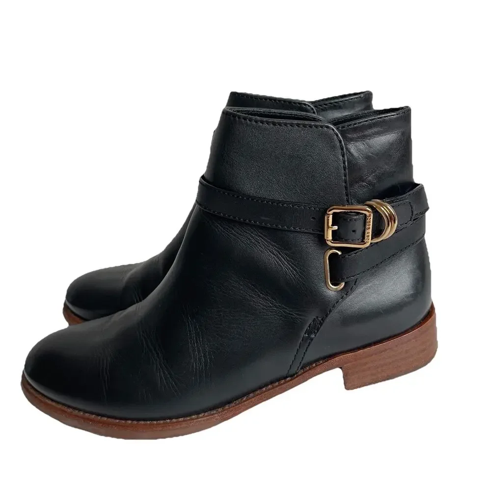 Tory Burch Black‎ Leather Harness Buckle Ankle Boots Size 8M Comfy Booties 5214